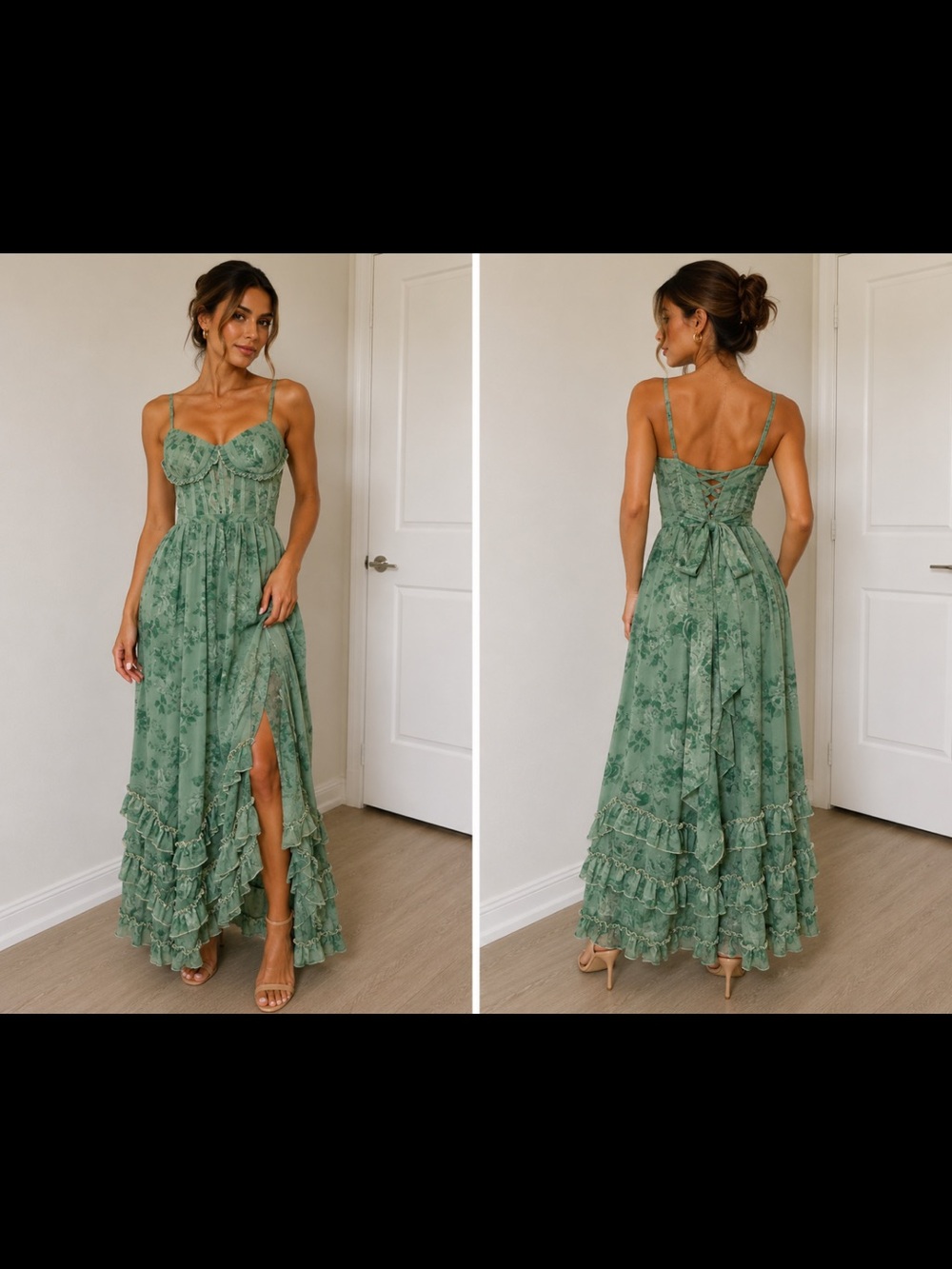 Green Floral Ruffle Maxi Dress with Spaghetti Straps